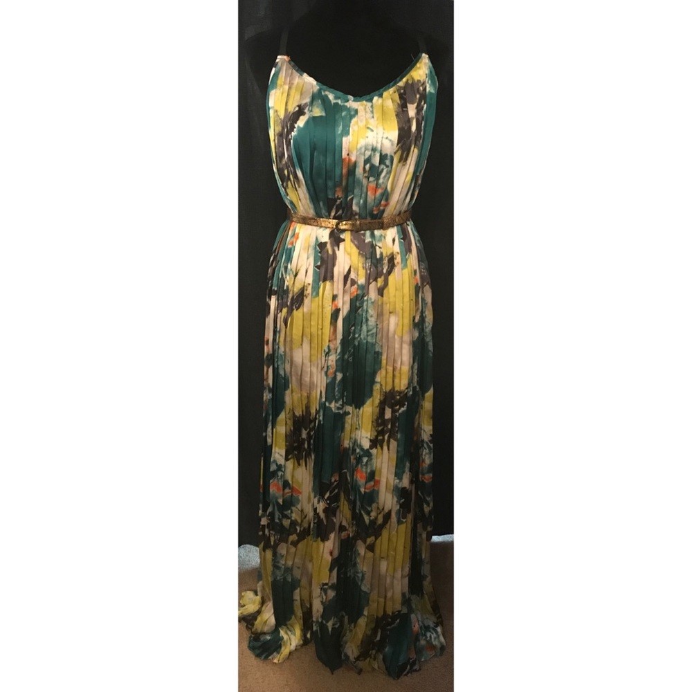 NEW SABINE Santorini Pleated Maxi Dress GreenMulti